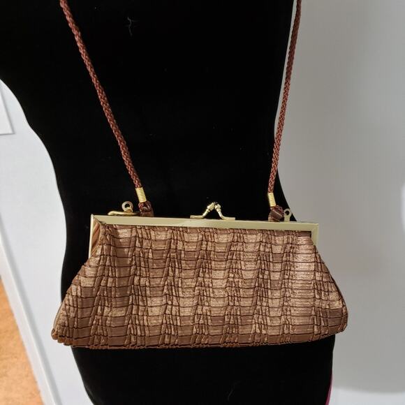 Vintage Brown Sheen Braided Satin Textured Kiss Lock Crossbody Clutch Handbag - Picture 11 of 12
